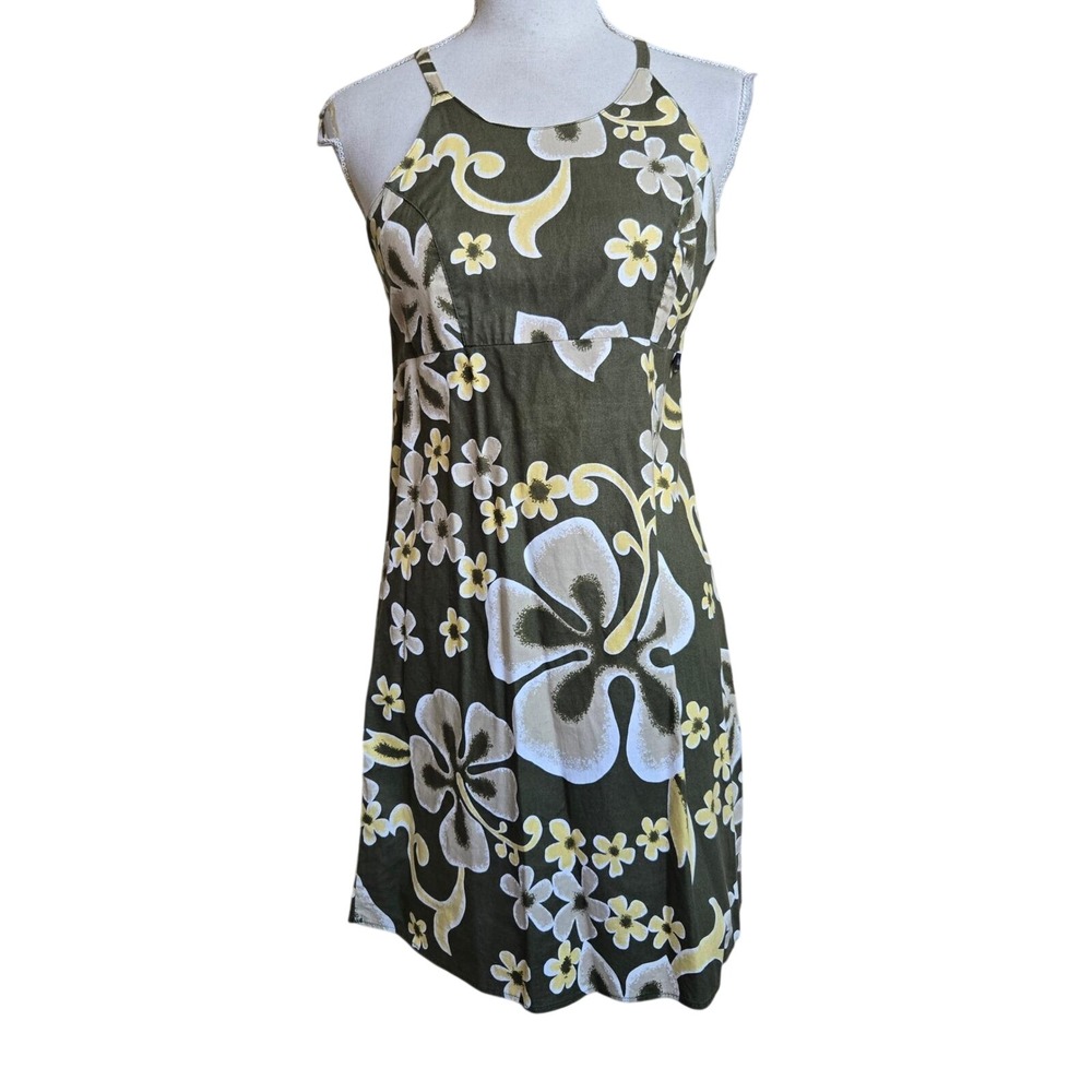 Vtg y2k Local Motion Hawaiian Floral‎ Halter Dress Olive Green Sleeveless Dress